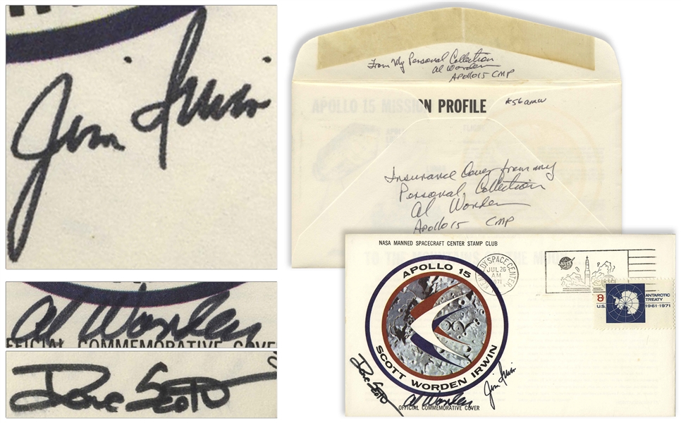 Apollo 15 Crew Signed NASA Insurance Cover -- From Al Worden's ''Personal Collection'', as Written by Him, and Also With His Signed COA
